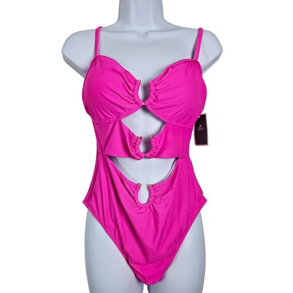 Womens Sexy Large Hot Pink One Piece Swimsuit Ring Linked Cutouts Beach Vacation - Picture 3 of 12